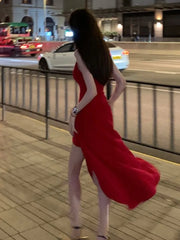 LIZAKOSHT - Sexy Red Sleeveless High Split Dress Women Solid Spaghetti Strap Korean Chic Evening Party One Piece Vestidos Clothing