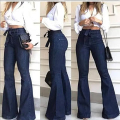 LIZAKOSHT - New Women Denim Tie Waist Flare Jeans Boyfriend Jeans Ladies High Waist Skinny bell bottom jeans Pants Autumn Wide Leg Mom Jeans