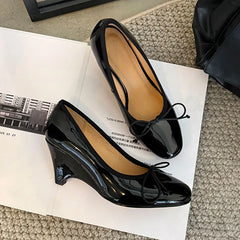 LIZAKOSHT - Fashion Pumps New High Quality Genuine Leather Shoes Butterfly Bow Round Head Slope Heels High Heels Women's Heels Shoes