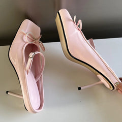 LIZAKOSHT - New Design Square Toe Mule Pumps Women Bow Heeled Ballet Shoes Buckle Strap Sexy Party Dress Shoes Thin High Heels Slipper Women