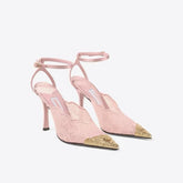 LIZAKOSHT - Summer New Lace Embroidered Net Head Cover Sandals Women's Thin Heel Pointed Toe Sexy Color Block Shoes Silk Velvet Slip-On