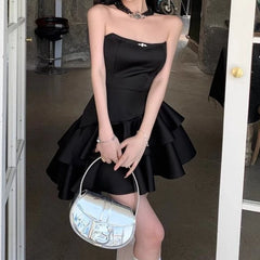LIZAKOSHT - Black Strapless Sweet Satin Dresses Woman Mini Sleeveless Short Dress Coquette Aesthetic Ruffle Bodycone Summer Chic