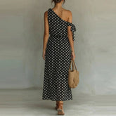 LIZAKOSHT - Trendy Asymmetry Slash Collar Polka Dot Print Dress Elegant Tie Up Hollow Out Slim Dress Temperament Lady High Waist Party Dress