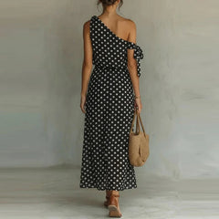 LIZAKOSHT - Trendy Asymmetry Slash Collar Polka Dot Print Dress Elegant Tie Up Hollow Out Slim Dress Temperament Lady High Waist Party Dress