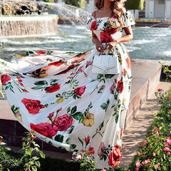 LIZAKOSHT - Patchwork Short Flying Sleeve Party Dress, Women Summer Slash Neck Loungewear Dress, Simple Printing Elegant Ladies Dress