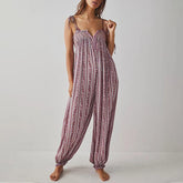 LIZAKOSHT - Elegant V-neck Tie-up Suspender Romper Casual Sleeveless Loose Women Jumpsuit Vintage Pattern Print High Waist Summer Playsuits