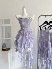 LIZAKOSHT - Women's Purple Flower Butterfly Dress Y2K French Casual Elegant Aesthetics 2000s Style Cute Party Retro Dress Clothing 2025 New