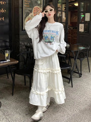 LIZAKOSHT - Wood Ear Edge French Simple Midi Skirt Sweet Women Skirts Spring Summer Elastic Waist A-line Fashion Layer Cake Skirt Tutu Korea