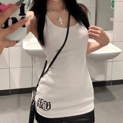 LIZAKOSHT - Casual Tank Top Women Chic Printing Sleeveless O Neck Slim Tank Top New Simple Design Sense Spice Girl Y2k Tops