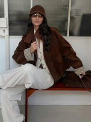 LIZAKOSHT  -  Autumn Chic Plaids Linen Solid Corduroy Coats Elegant Female Stand Collar Zipper Long Sleeves Jacket Fashion Lady Street Outwear