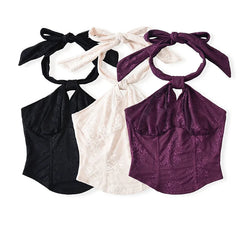 LIZAKOSHT - Hollow Tie Up Halter Printed Neck Solid Color Corset Top Summer 2025 Fashion Lace Streetwear Woman Elegant Sexy Tank Tops
