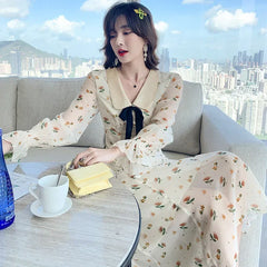 LIZAKOSHT - French Small Fresh Sweet Chiffon Print Dresses Women Spring Summer Flare Sleeve Fashion Peter Pan Collar Dress Female High Waist