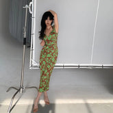 LIZAKOSHT - Sexy Elegant Girl Deep V-neck Fishtail Style Printed Dress Long Dress New Summer