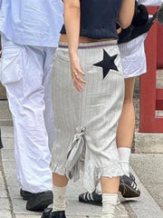LIZAKOSHT - Patchwork Stripe Skirts Women Harajuku Ruffled Jupe Faldas Mujer De Moda High Waist Tunic Saia Y2k Aesthetic Split Skirt