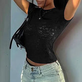 LIZAKOSHT - Women Vintage Lace See Through Short Sleeve T Shirt Summer O Neck Solid Pullover Female Streetwear Club Bodycon Tshirt 2025