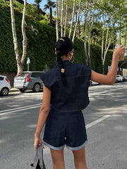 LIZAKOSHT - Fashion Women Pajamas Suit Turn-Down Collar Sleepwear Crop Top Nightie Sleeveless Nightwear Shorts Ladies Pyjamas Set