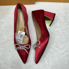 LIZAKOSHT - Chunky High Heels Women Shoes Autumn New Luxury Rhinestones Bowknot Pointed Toe Bling Crystals Elegant Ladies Pumps