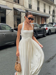 LIZAKOSHT  -  Elegant Solid Square Neck Women Halter Maxi Dress Fashion Backless Pleated Hem A-line Dresses 2024 Summer Lady Chic Party Robes