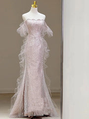 LIZAKOSHT - Pink Shiny Strapless Celebrity Dresses Bead Sleeveless Off Shoulder Tulle Elegant Light Luxury Mermaid Toast Prom Evening Gowns