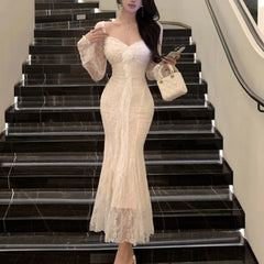 LIZAKOSHT - Elegant Bodycon Lace Midi Dresses for Women Square Collar Slim Waist Flare Collar Mermaid Evening Party Dress Prom Robe New