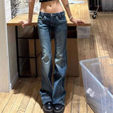 LIZAKOSHT  -  American High Street Low Rise Jeans Women Harajuku Y2K Blue Bootcut Denim Pants Fashion Classic Basic Simple Straight Trousers