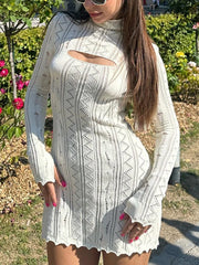LIZAKOSHT - White Mini Dresses Women Sexy Hollow Out Turtleneck Knitted Dress Female Elegant Fashion High Street Bodycon Party Club Vestidos