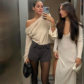 LIZAKOSHT - Sexy Elegant Irregular Oblique-neck Rose Flower Applique T Shirt Summer Off Shoulder Long Sleeve Crop Tops Street Mesh Tees