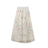 LIZAKOSHT - 2024 Women Vintage Elastic High Waist Floral Embroidery Midi Skirt Holiday Summer Boho Skirts