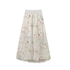 LIZAKOSHT - 2024 Women Vintage Elastic High Waist Floral Embroidery Midi Skirt Holiday Summer Boho Skirts