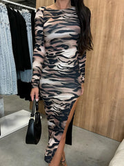 LIZAKOSHT - Floral Print Elegant Lady Midi Dress Round Neck Casual Slim Women Party Dress Female Long Sleeve Tight Dress Vestido New