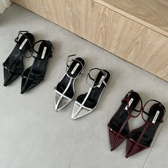 LIZAKOSHT - Fashion Clip Toe Sandals Women Flats Heels Ladies Shoes Narrow Band Gladiator Sandals Party Dress Ankle Strap Shoes Sliver Mujer
