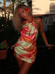 LIZAKOSHT  -  Print Halter Short Dress Hanging Neck Pile Collar Slim Fit Silk Satin Sexy Backless Beach Women Wrap Hip Vest Dresses Summer New