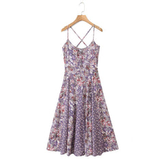 LIZAKOSHT - Holiday Purple Paisley Floral Print Sling Dress Women Bow O neck Cross bandage Back Zipper Low Waist Swing Dresses Vestidos Robe