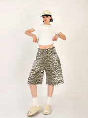 LIZAKOSHT - New Summer American Retro Leopard Pattern Jeans Women's Shorts Loose Versatile Straight Leg Denim Pants