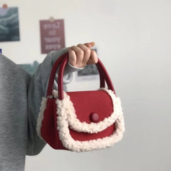 LIZAKOSHT - Korean Style Retro Lamb Wool Handbag Women Sweet Cute Square Crossbody Bag Ladies Christmas New Year Red Crossbody Bag