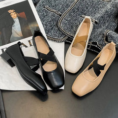 LIZAKOSHT - Women 2.8cm Low Heels Soft Genuine Leather Shoes Female Sweet French Ballet Style Pumps Lady Elegant Cross-tied Prom Shoes