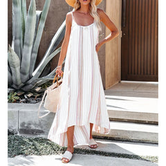 LIZAKOSHT - Womens Spring Strappy Striped Long Maxi Dress Ladies Summer Loose Beach Holiday Straight Sundress For Free Shipping