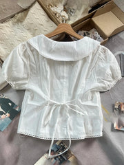 LIZAKOSHT - Lace Trim White Striped T-shirt Blouse Woman Summer Back Lace-up Short Puff Sleeve Shirt Vintage Sweet Slim Solid Crop Tops Y2k