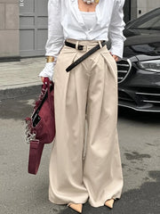 LIZAKOSHT - Casual Khaki Pleated Wide Legs Pants Women Chic High Waist Baggy Trousers Female 2025 Spring Summer New Fashion Office Pant