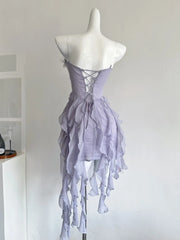 LIZAKOSHT - Women's Purple Flower Butterfly Dress Y2K French Casual Elegant Aesthetics 2000s Style Cute Party Retro Dress Clothing 2025 New