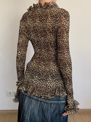 LIZAKOSHT - Sexy Leopard Chiffon Blouses for Women Ruffles Design Long Sleeve Tops Fashion Vintage Blouse Shirts Holiday Vacation
