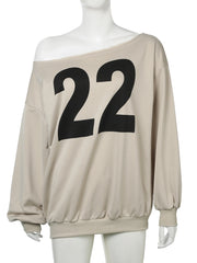 LIZAKOSHT - Sporty Chic Casual Number Printed Sweatshirt Loose Off-Shoulder Long Sleeve Pullovers Women Autumn Winter Streetwear