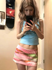 LIZAKOSHT - Y2k Aesthetic Mini A-Line Skirt Pink Printing Streetwear Saldas Mujer Moda 2024 Harajuku Zipper Grunge Skirts Women Summer Saia