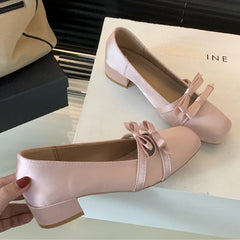 LIZAKOSHT  -  Satin Bow Fashion Mary Jane Shoes Women Sweet Shallow Chunky Dress Shoes Female Comfort Elegant Low Heel Square Toe Pumps Women