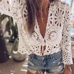 LIZAKOSHT - Autumn Sexy V-neck Lace-Up Knit Cardigan Women's Casual Long Sleeve Solid Color Shirt Spring Elegant Hollow Out Jacquard Blouse