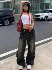 LIZAKOSHT - Streetwear Women'S Jeans Harajuku Cargo Pants Y2K Casual Denim Distressed Straight Wide Leg Trousers Female Korean 2024