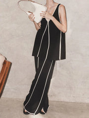 LIZAKOSHT - Clashing Colors Tank Tops And Pant 2 Piece Sets For Women Fashion V Neck Sleeveless Pullover Top Lace Up Loose Pant Suit