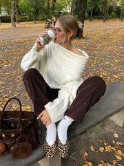 LIZAKOSHT - Women Sexy Solid One Neck Ribbed Sweater Fashion Off Shoulder Long Sleeve Knitted Pullover Autumn Lady Chic Street Knitwear