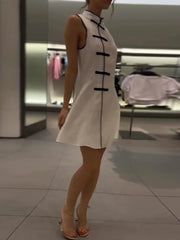LIZAKOSHT - Sleeveless Qipao-Style Mini Dress with Knot Buttons Stand Collar Satin Dress Summer Casual & Streetwear Qipao Mini Dress