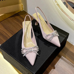 LIZAKOSHT - New Silk Satin Rhinestone Bow Knot High Heels Women's Thin Heels Back Air Strap Baotou Sandals Fairy Style Summer